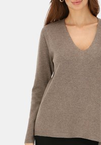 Brązowy sweter z długim rękawem i dekoltem w serek. Miękka tekstura, dopasowany krój oraz lekko rozszerzany dół. Brak widocznych wzorów czy ozdób.