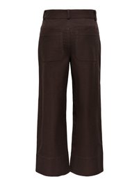Pantalon marron foncé à jambes larges avec taille haute et poches plaquées arrière, vu de dos sur fond blanc.