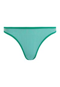 Zaļi un balti šauri vertikāli svītroti bikini apakšdaļa ar solidā zaļu apdari gar malām, parādīta uz balta fona.