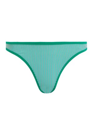 Vihreä ja valkoinen kapeilla pystyraidoilla varustettu bikinitoppi, jossa on yhtenäiset vihreät reunat, esitelty valkoisella taustalla.