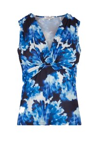 Blau-weißer Batik-Top mit tiefem V-Ausschnitt, Dreh-Detail an der Taille und ärmellosem Design. Hergestellt aus weichem, leichtem Stoff.