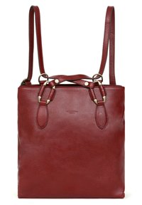 Borsa a spalla rossa in pelle con finitura texturizzata, due spallacci e chiusura superiore. Presenta accenti in metallo e manici arrotondati.
