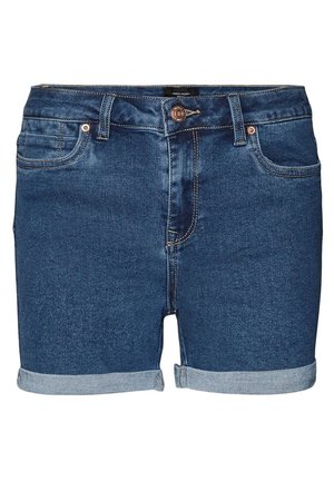 Pantalones cortos de mezclilla azul con dobladillos enrollados, cierre delantero de botón y cremallera, y diseño de cinco bolsillos.