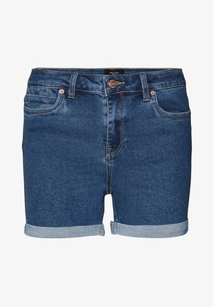 Pantalones cortos de mezclilla azul con dobladillos enrollados, cierre delantero de botón y cremallera, y diseño de cinco bolsillos.