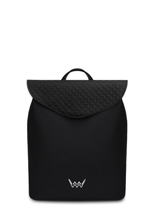 Black backpack made of smooth leather with a quilted flap, a top handle, and a silver logo at the front. Simple, structured design.