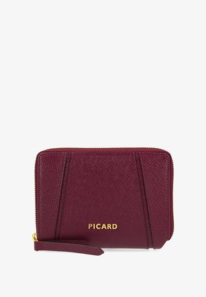 Burgundy wallet made of textured leather with a zip closure. Features gold "PICARD" logo and two vertical accent lines on the front.