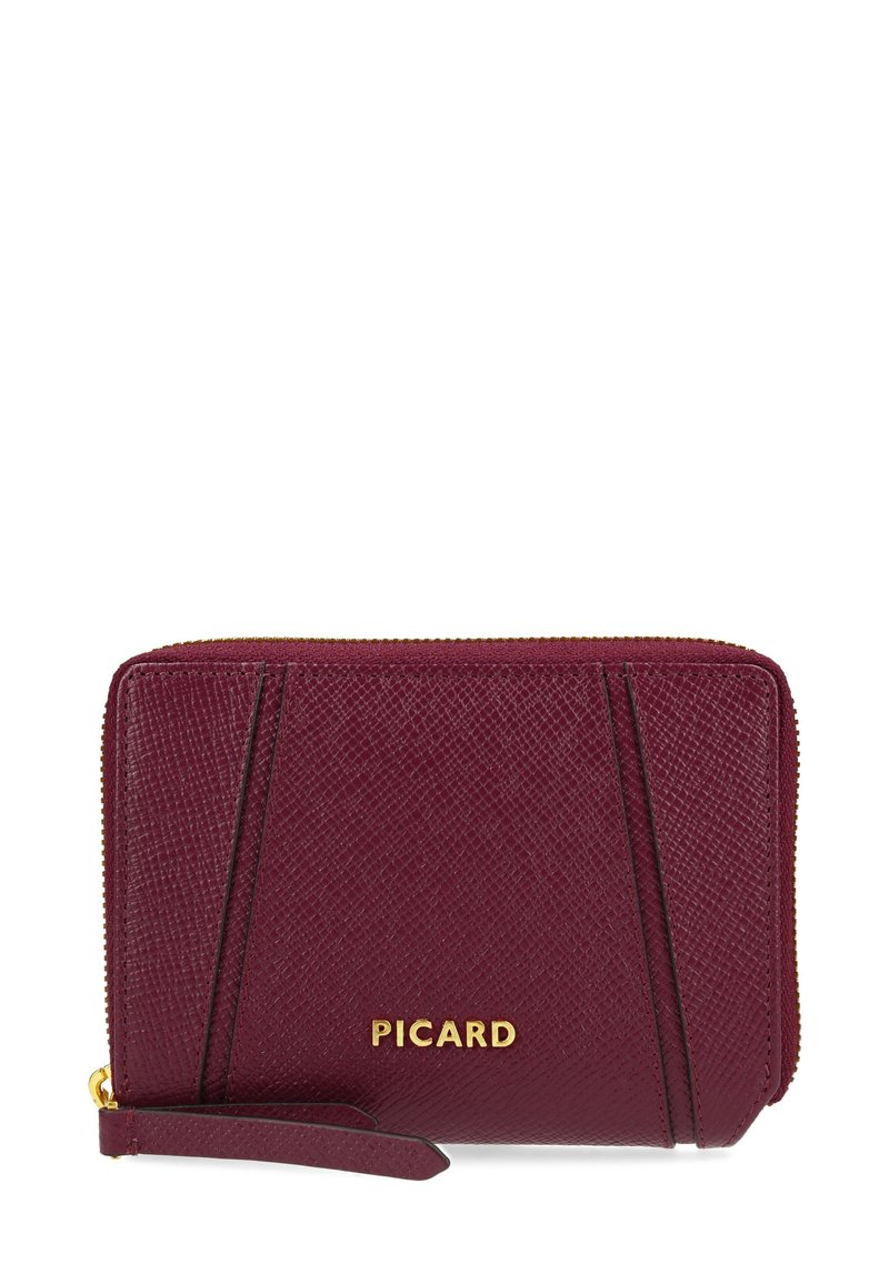 Burgundy wallet made of textured leather with a zip closure. Features gold "PICARD" logo and two vertical accent lines on the front.