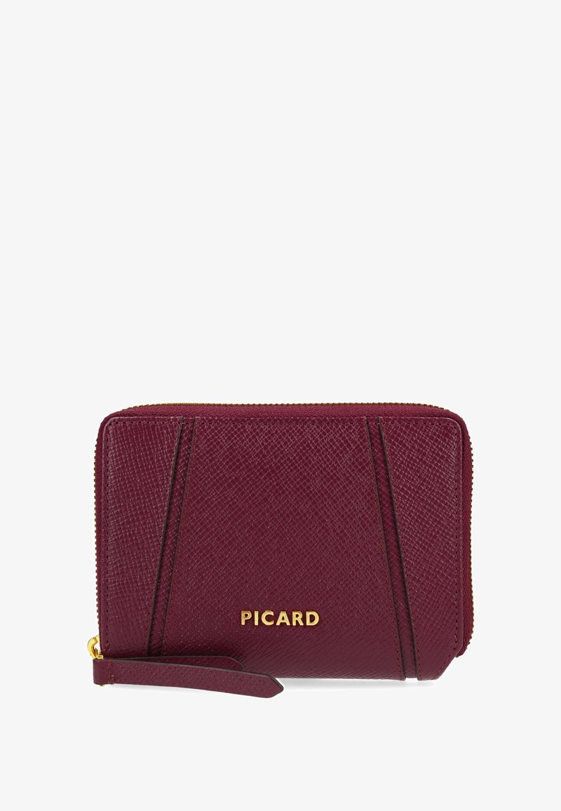 Burgundy wallet made of textured leather with a zip closure. Features gold "PICARD" logo and two vertical accent lines on the front.