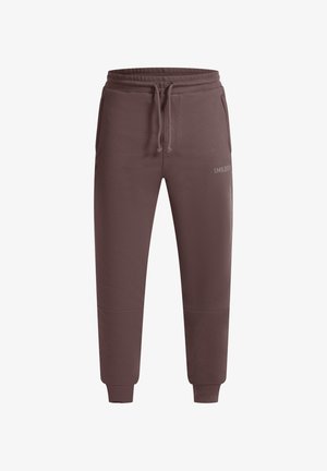 Braune Sweatpants mit strukturiertem Design, verstellbarem Bund und Seitentaschen. Mit einem auf der Vorderseite aufgedruckten Logo.