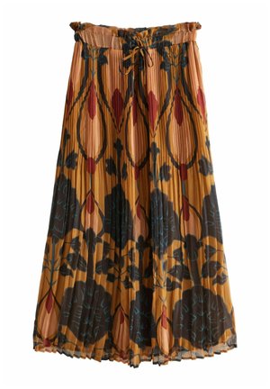 Gonna maxi plissettata con stampa floreale e botanica in tonalità calde di arancione, verde e rosso. Vita con cordoncino e tessuto leggero.