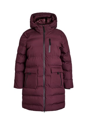 Donkerpaarse gewatteerde winterjas met capuchon, ritssluiting aan de voorkant, borstzak en twee grote klepzakken met ritsen aan de zijkanten.