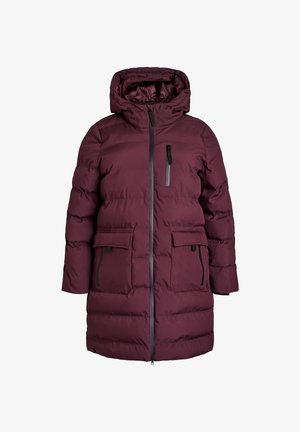 Dark purple padded winter coat with hood, front zipper, chest pocket, and two large flap pockets with zippers on sides.