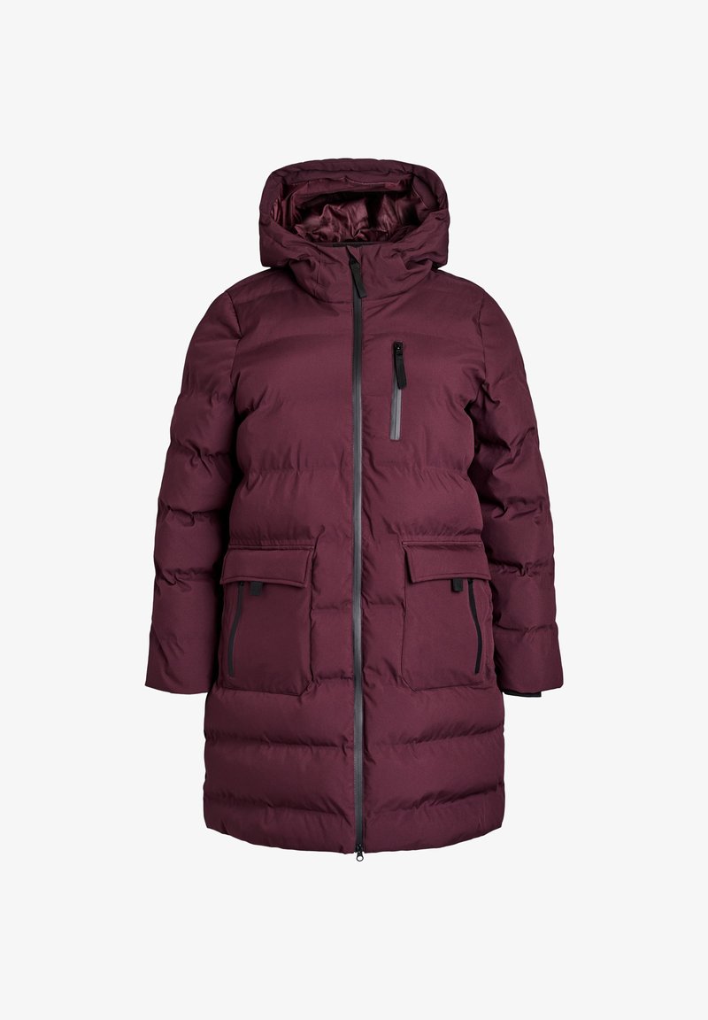 Donkerpaarse gewatteerde winterjas met capuchon, ritssluiting aan de voorkant, borstzak en twee grote klepzakken met ritsen aan de zijkanten.