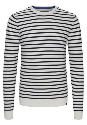 Strikket sweater med striber, lange ærmer, rund hals, med vekslende navy og hvide striber, blød tekstur samt ribbede manchetter og kant.