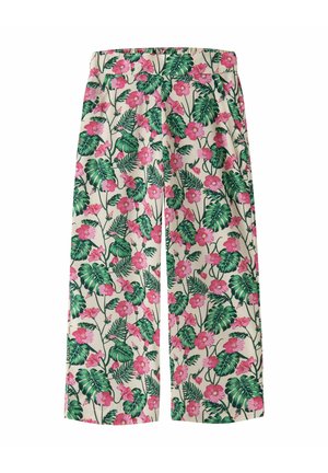 Bredbente bukser med elastisk midje, med tropisk print av grønne blader og rosa blomster på lys bakgrunn.