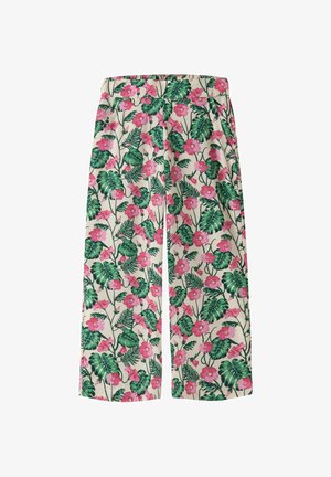Spodnie o szerokich nogawkach z elastycznym pasem, z tropikalnym nadrukiem zielonych liści i różowych kwiatów na jasnym tle.