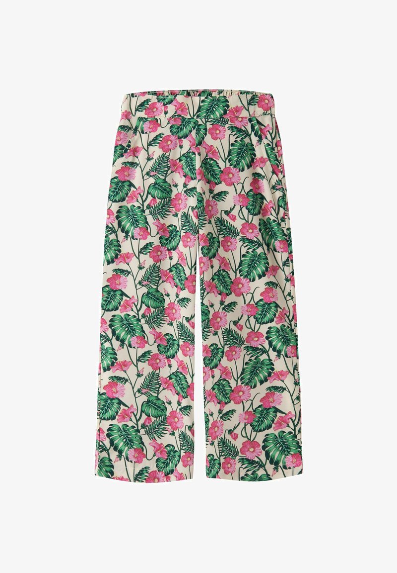 Pantalon à jambes larges avec taille élastique, présentant un imprimé tropical de feuilles vertes et de fleurs roses sur un fond clair.