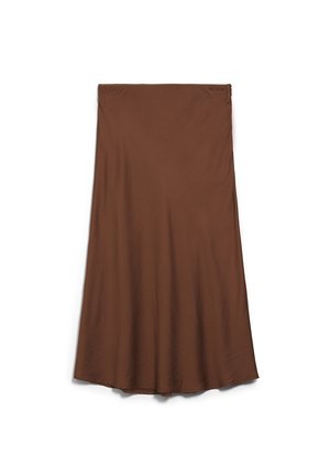 Brown high-waist midi skirt with a smooth, flowing fabric and slight flare at the hem, displayed flat on a white background.