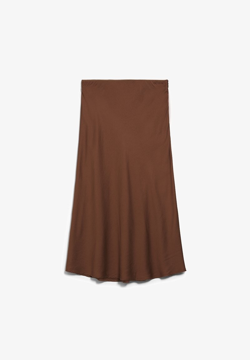 Jupe midi marron taille haute en tissu lisse et fluide avec un léger évasement à l’ourlet, présentée à plat sur fond blanc.