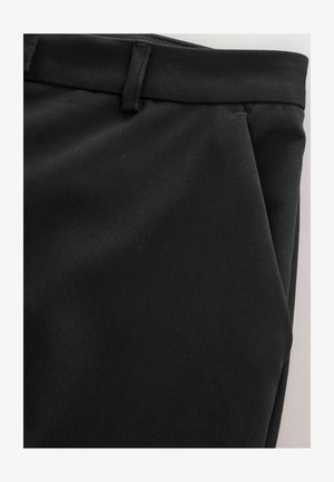 Pantaloni negri din țesătură fină, cu croială dreaptă, față netedă și buzunare laterale, având o talie fixă și sigură.