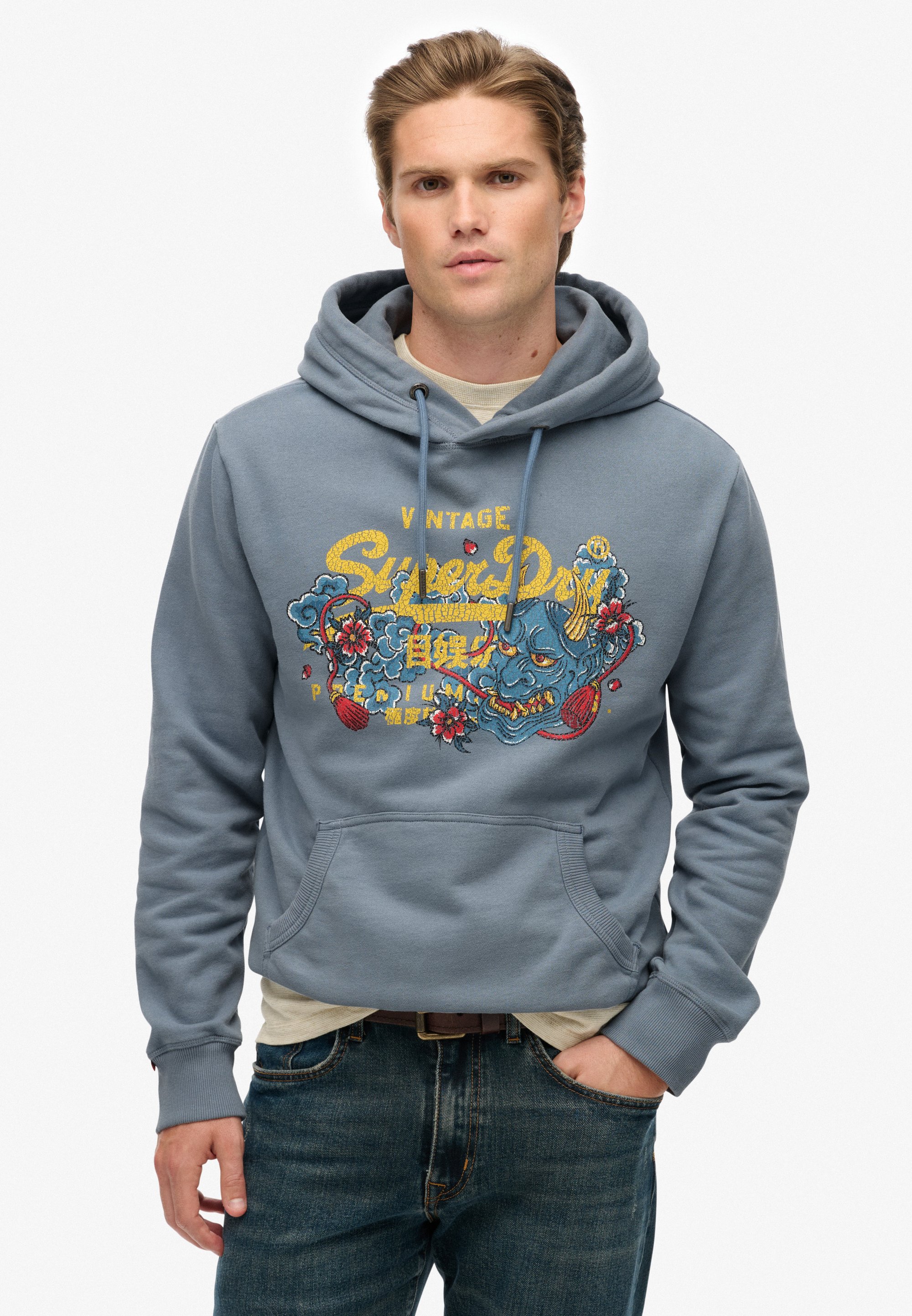 Pull à Capuche Superdry Homme, Bleu, Taille M, Polaire Avec Logo Graphique – Très Bon état