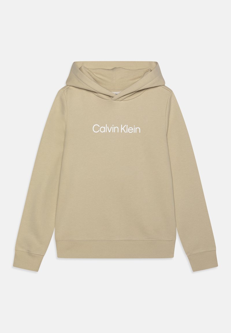 Béžová bavlnená mikina s klokankou, kapucňou so šnúrkou a bielym logom "Calvin Klein" potlačeným na hrudi.