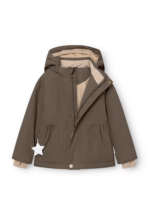 Braune Kapuzenjacke mit beigem Innenfutter, Reißverschluss und einem Peplum-Taille-Detail. Verfügt über ein sternförmiges Etikett und elastische Ärmelbündchen.