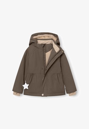 Smeđa kapuljača jakna s bež unutrašnjosti, zatvaranje na patentni zatvarač i peplum struk. Sadrži oznaku u obliku zvijezde i elastične rukave.