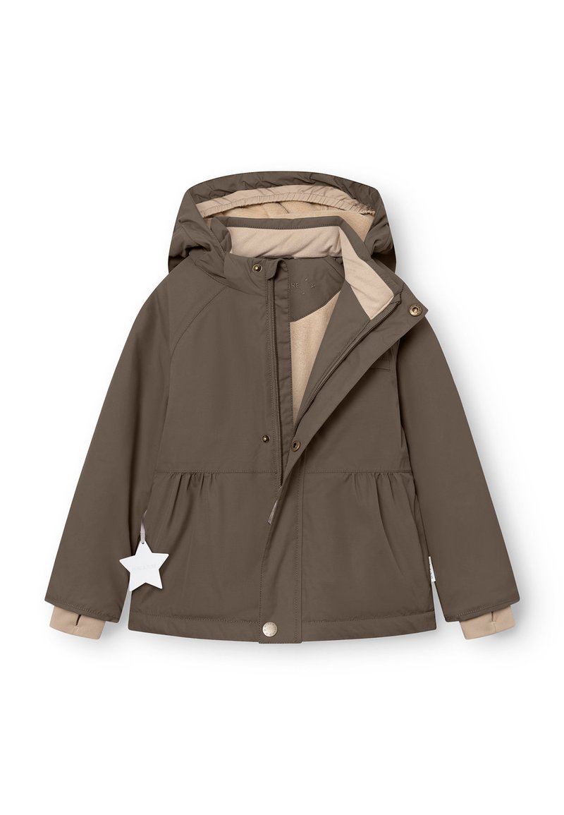 Giacca cappuccio marrone con interno beige, chiusura con zip e dettaglio in vita a peplo. Presenta un'etichetta a forma di stella e polsini delle maniche elasticizzati.