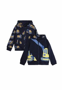 Felpa con zip color navy, caratterizzata da motivi di veicoli da costruzione gialli e blu. Materiale morbido, tasche frontali e cappuccio per il calore.
