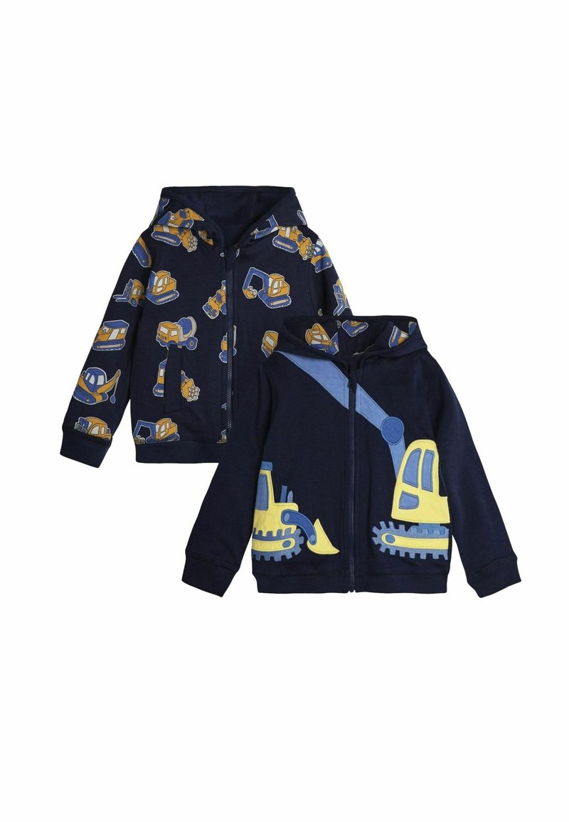 Felpa con zip color navy, caratterizzata da motivi di veicoli da costruzione gialli e blu. Materiale morbido, tasche frontali e cappuccio per il calore.