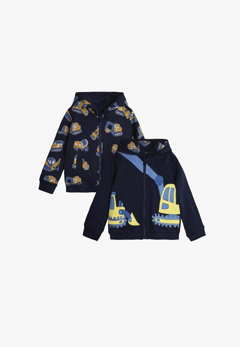 Jūras spēku zilā kapuce ar dzelteniem un ziliem celtniecības transportlīdzekļu rakstiem. Mīksts materiāls, priekšējās kabatas un kapuce siltumam.