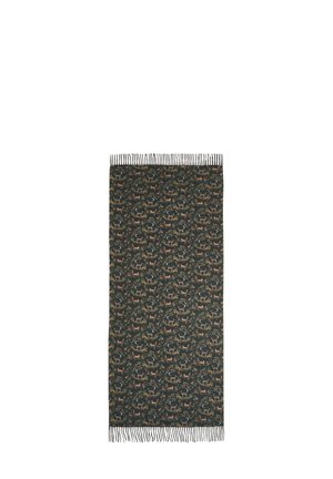 Wool blanket with dark green background, featuring colorful animal patterns. Edges have fringe detailing for texture and design.