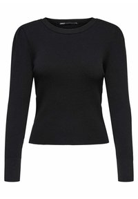 Suéter negro de manga larga con cuello redondo, diseño ajustado y mangas remangadas. Fabricado con un tejido de punto texturizado.