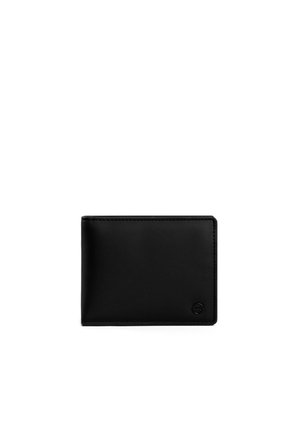 Černá kožená peněženka s hladkým povrchem, obdélníkovým tvarem a jemným logem. Má minimální prošívání a elegantní design.