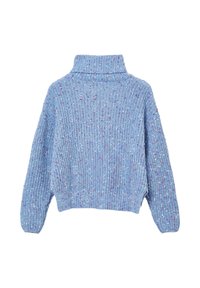 Maglione lavorato a maglia azzurro chiaro con collo alto, caratterizzato da una vestibilità ampia, una trama a coste e venature di viola e bianco.