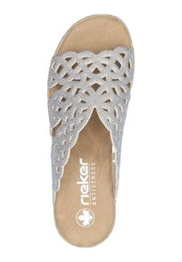 Light gray sandal with open toe and intricate cutout design, embellished with small rhinestones. Features a cushioned footbed and soft texture.