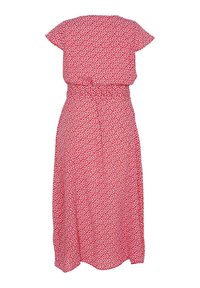 Rotes Blumenkleid mit kurzen Flatterärmeln, taillierter Taille und einem fließenden, knielangen Rock. Verfügt über ein kleines weißes Blattmuster, das sich durch das gesamte Kleid zieht.