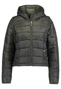 Mørkegrøn pufferjakke med hætte, cropped design, frontlynlås og vandret syninger. Har metal trykknap detaljer på siderne.