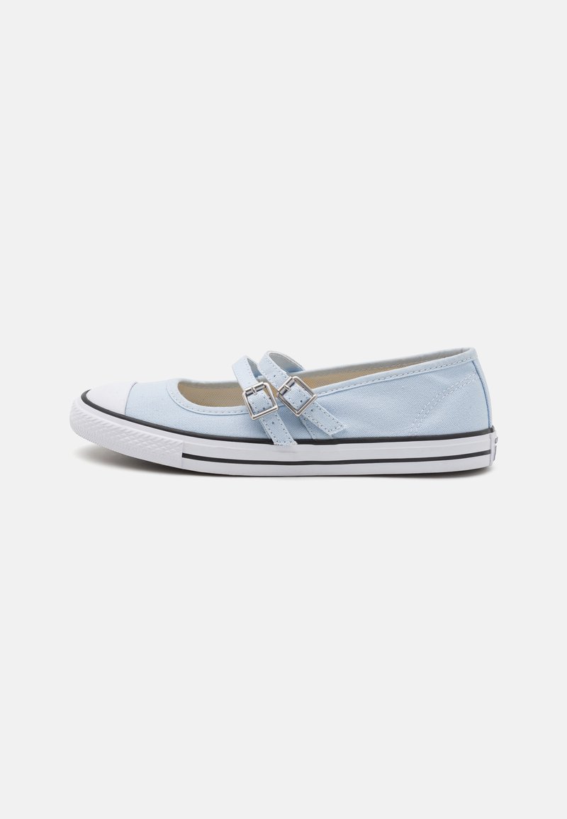 Scarpe in tela di colore azzurro chiaro con due cinturini a fibbia, punta in gomma bianca e suola a righe nere. Presentano un design a profilo basso con interno imbottito.