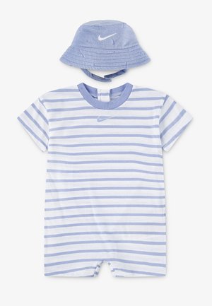 Blå- og hvidstribet kortærmet babydragt med matchende blå spandhat, begge med hvidt Nike-logo.