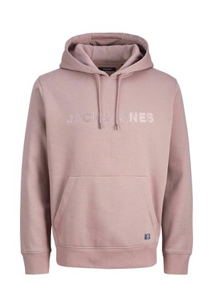 Light pink hoodie made of soft fabric, featuring a kangaroo pocket, drawstring hood, and embossed logo text on the chest.