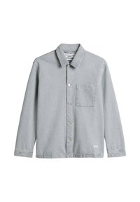 Graues Jeanshemd mit durchgeknöpftem Vorderteil, spitzem Kragen und einer Brusttasche. Es hat lange Ärmel und eine lockere Passform.