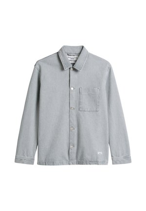 Graues Jeanshemd mit durchgeknöpftem Vorderteil, spitzem Kragen und einer Brusttasche. Es hat lange Ärmel und eine lockere Passform.