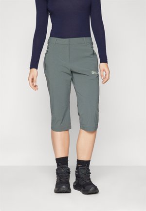 Lightweight, knee-length green shorts with a smooth texture, featuring side pockets and a small logo detail on the left leg.