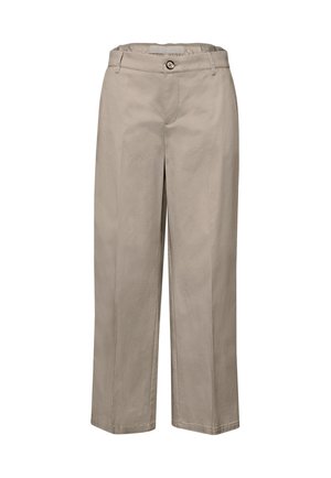 Pantalon beige à jambes droites avec fermeture à bouton et glissière, passants pour ceinture et détails de pli sur le devant.