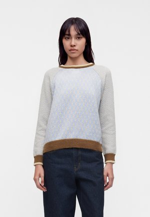 Jeune femme aux cheveux bruns et raides portant un pull bleu clair à motifs avec des poignets et un col marron, associé à un jean bleu foncé.