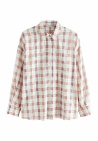 Skjorte med tern i bomuldsblanding, der har røde, pink og hvide firkanter, krave og knaplukning foran. Lange ærmer.