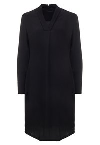 Vestido negro con mangas largas y escote en V. Hecho de una tela suave, con un corte recto y un dobladillo ligeramente alargado.