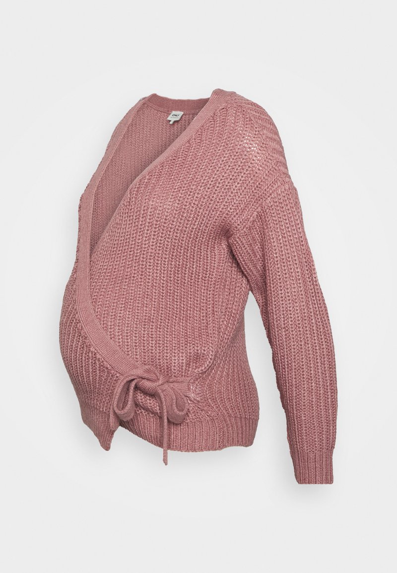 Moederhood cardigan in een zachte, rozenroze brei met een wikkelontwerp, lange mouwen en een strik taille detail. Textuurstof biedt warmte.
